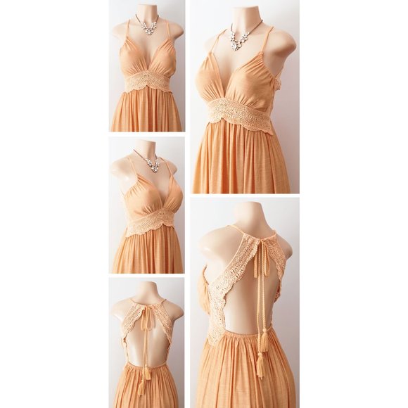 Yellow Crochet Lace Open Back Halter Maxi Dress - Picture 3 of 10